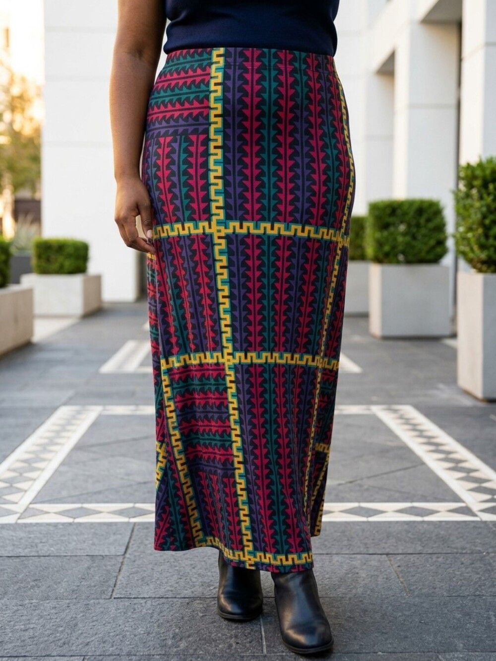 LuLaRoe XL Geometric Maxi Skirt Jewel Tone Fold Over Waist Boho Stretch Artisan